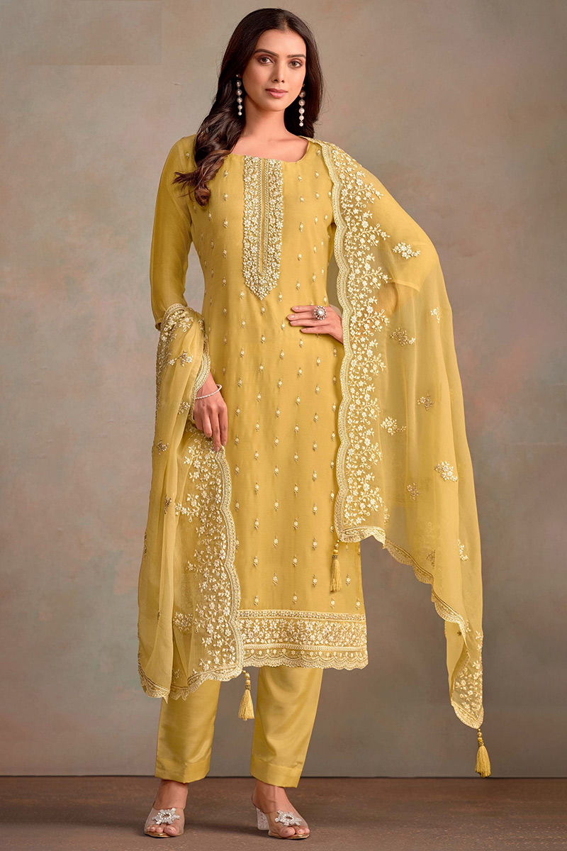 Embroidered Mustard Yellow Straight Cut Organza Trouser Suit